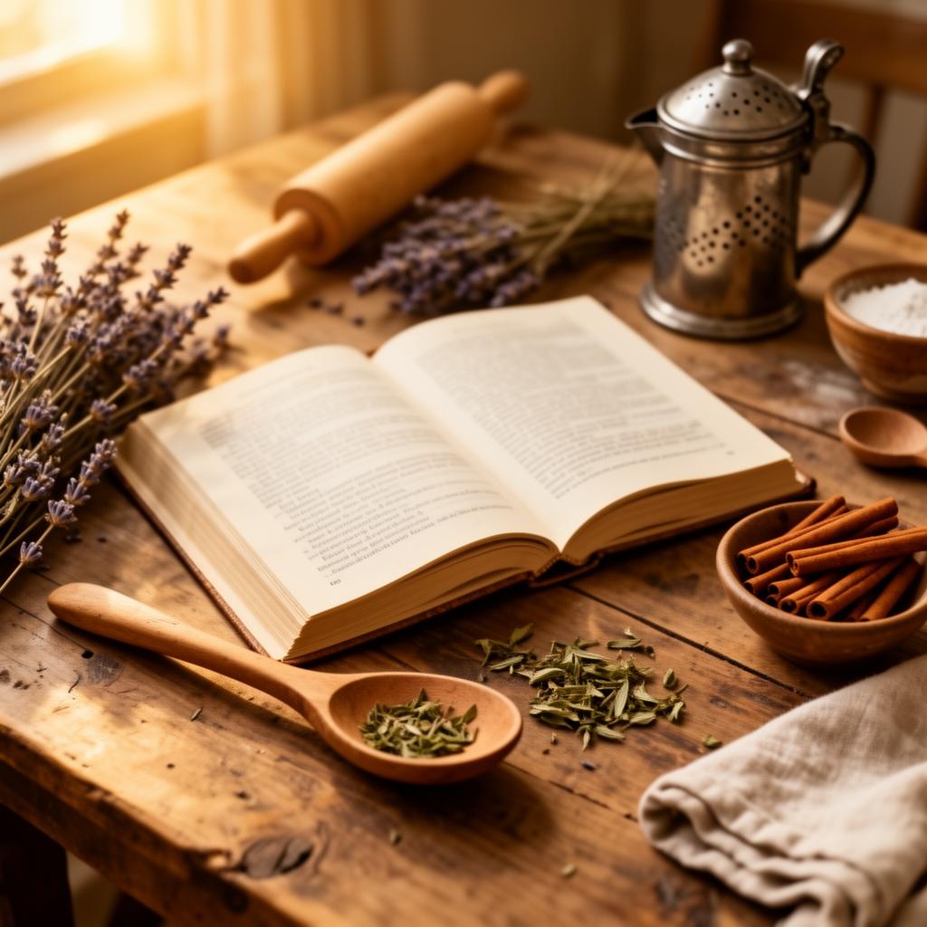 An open cookbook on a rustic wooden kitchen table surrounded by dried lavender, a rolling pin, cinnamon sticks, and a wooden spoon in warm morning light